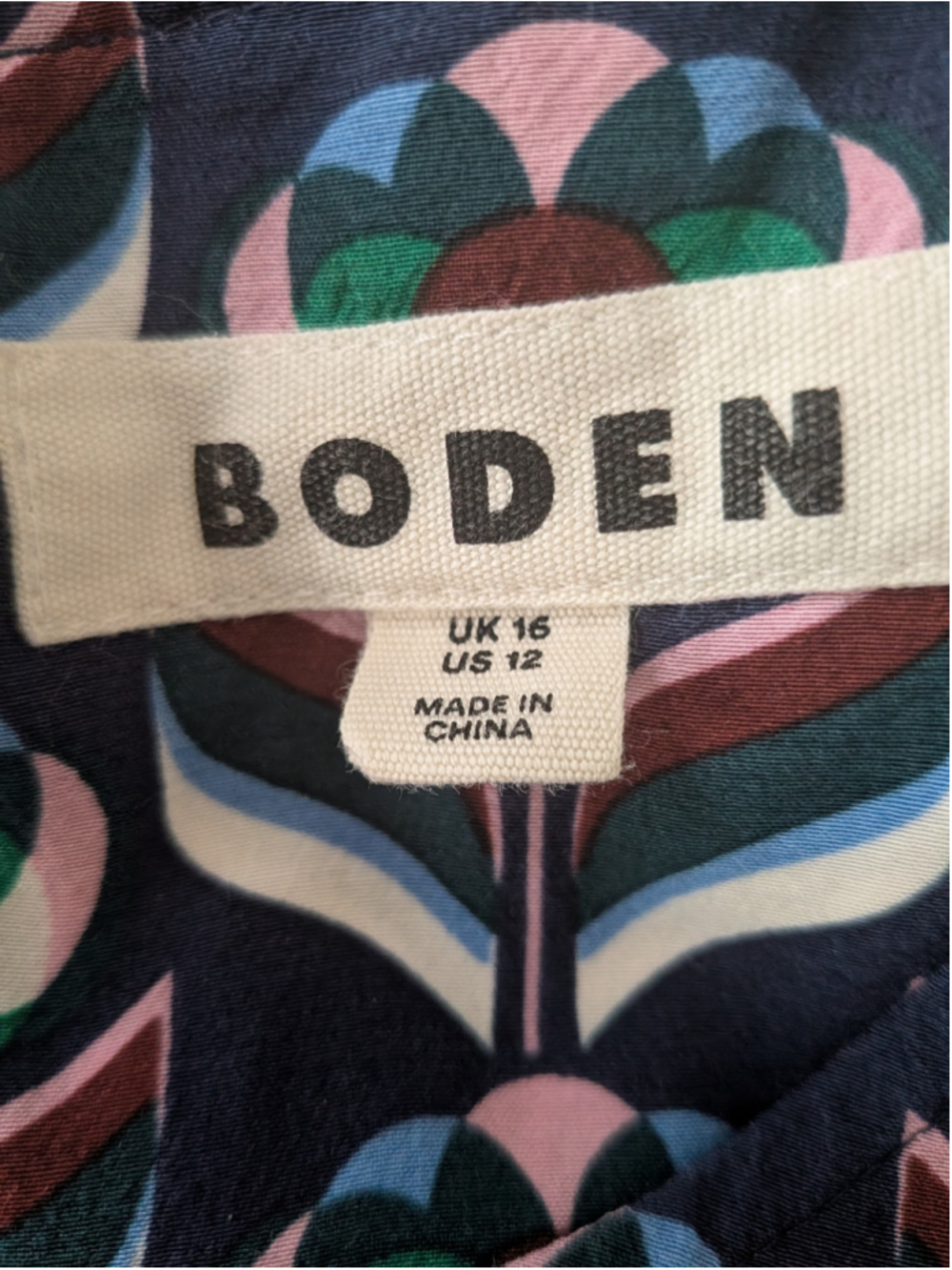 Boden Floral Geometric Print Blouse Navy Green Puff Sleeve Top US 12 - Picture 5 of 6